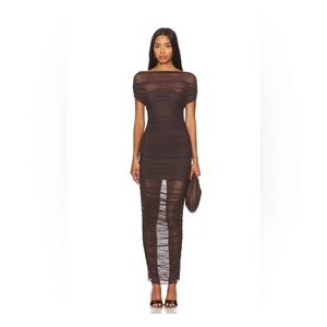 SER.O.YA Noel off the shoulder mesh midi dress in ash brown REVOLVE